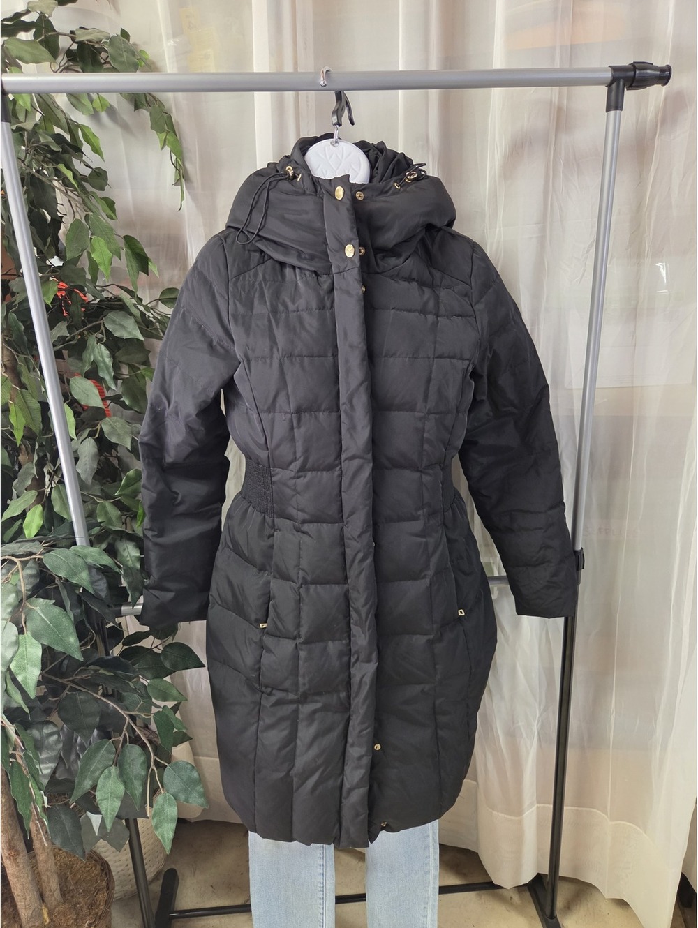 Cole Haan Signature Black Quilted Feather Long Puffer Coat Jacket Womens Size S
